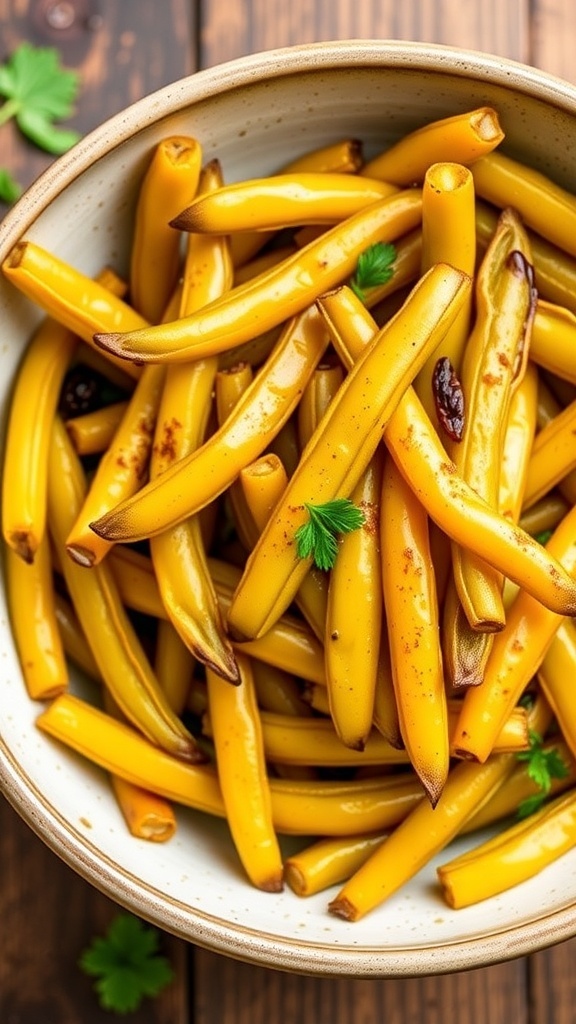 Crispy Air Fryer Wax Beans Recipe Crispy air fryer wax beans in a bowl, garnished with herbs, on a wooden table.